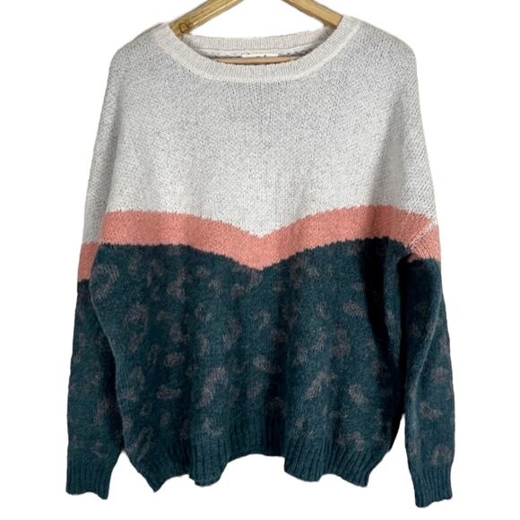 Easel Sweater Womens S Colorblock Teal White Leopard Fuzzy Oversized Boho Cozy - Picture 4 of 7